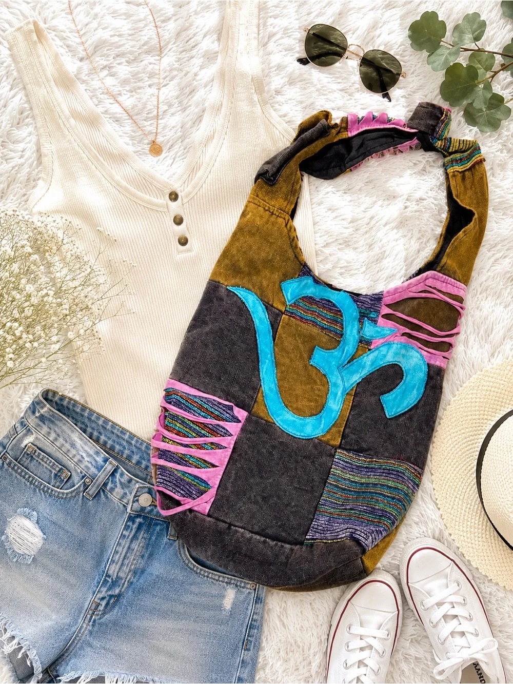 Boho Patchwork Om Hobo Bag | Festival Yoga Shoulder Purse
